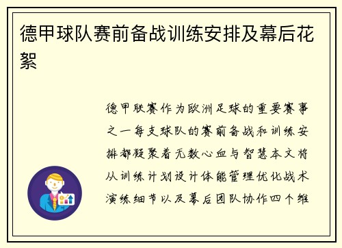 德甲球队赛前备战训练安排及幕后花絮